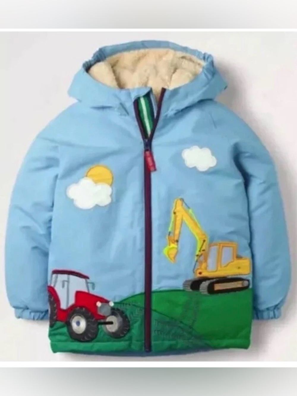 Mini Boden Light Blue Jacket with Red Tractor & Yellow Excavator Size 3-4